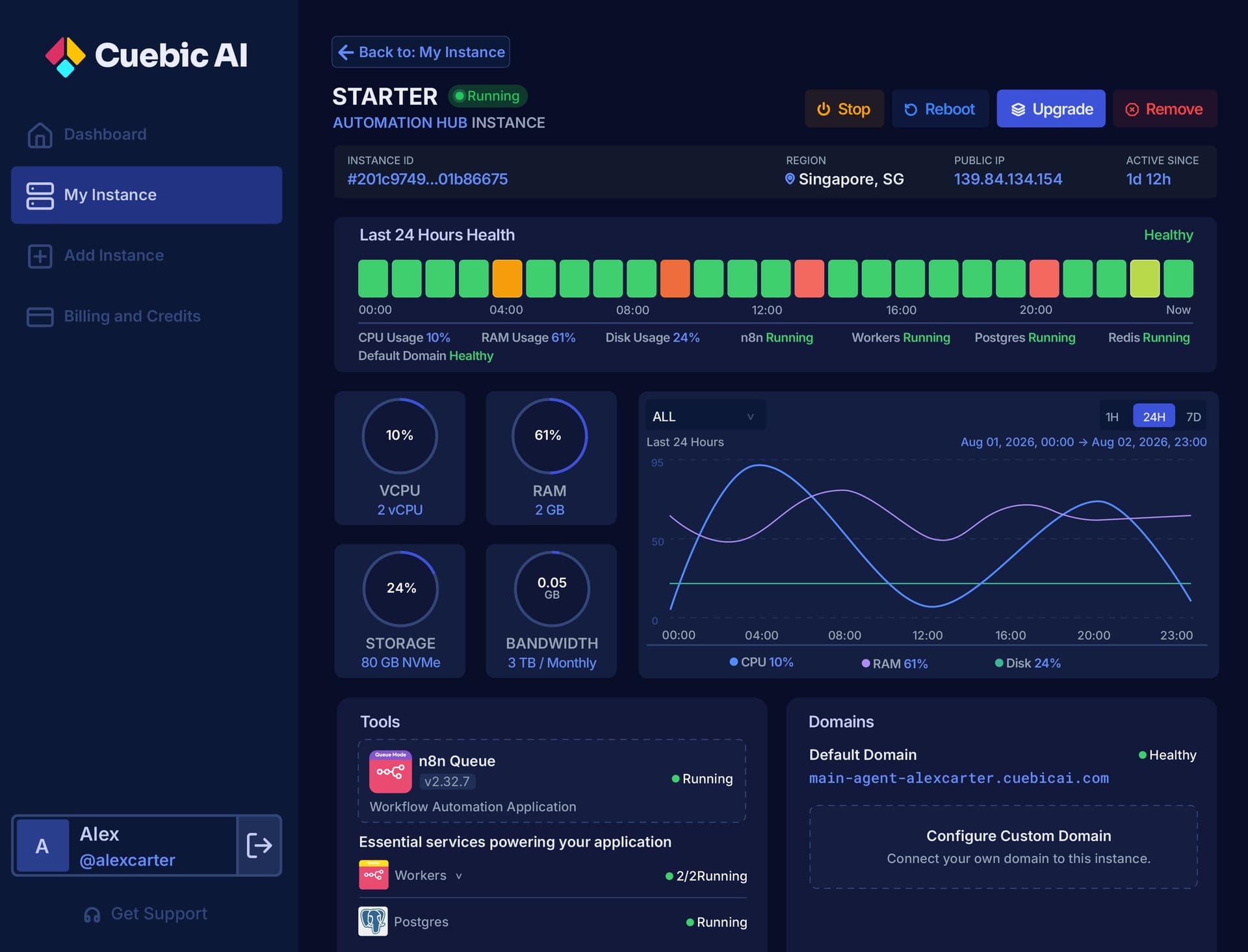 Cuebic AI dashboard for managing deployed instances and server settings