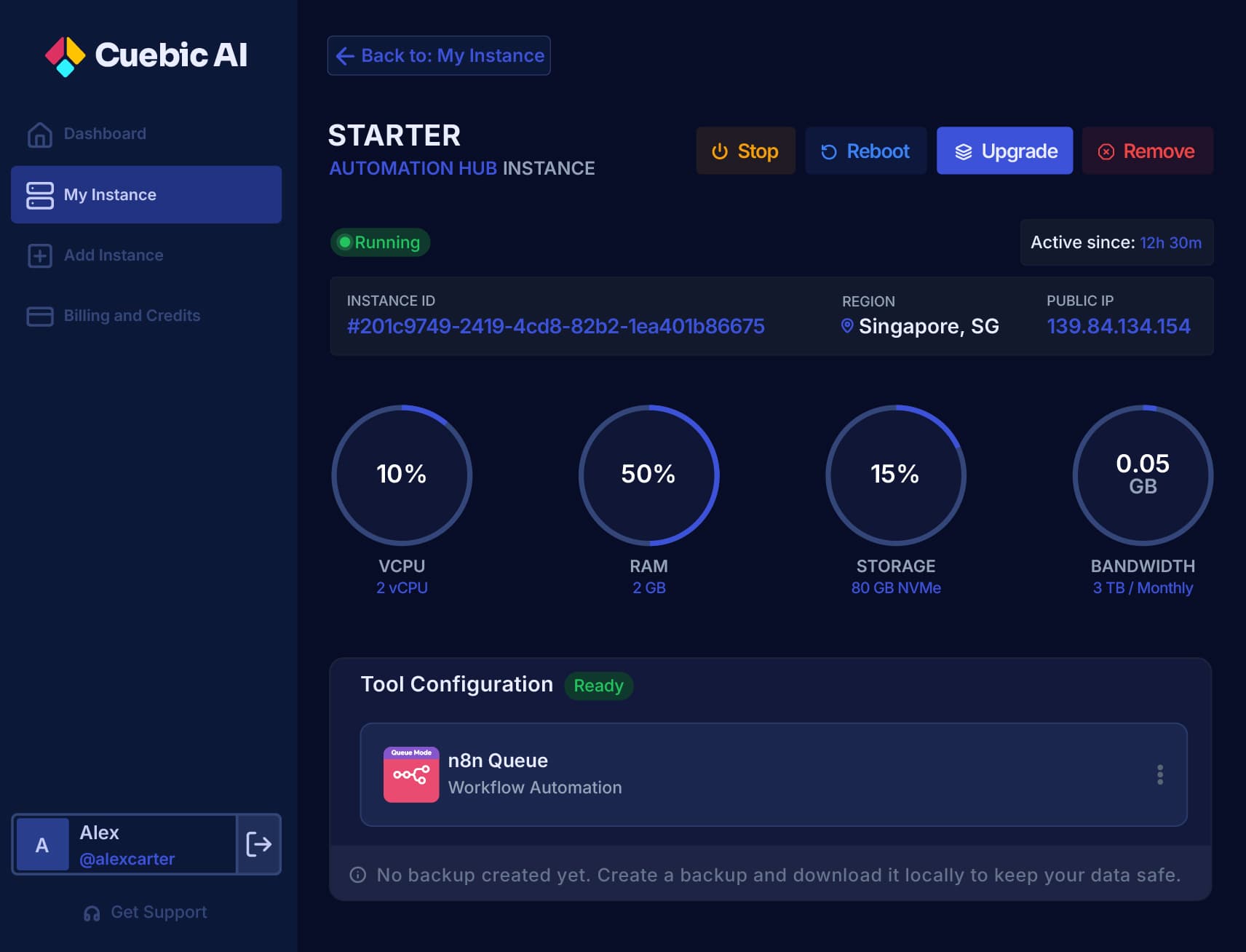 Cuebic AI dashboard for managing deployed instances and server settings